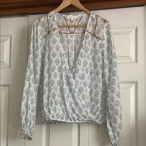 Lovestitch White and Blue Wrap Blouse Long Sleeve
